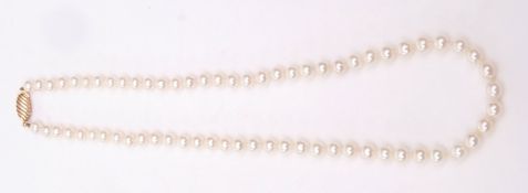 Cultured pearl necklace, single row of uniform beads (4mm) to a 9ct gold textured clasp, in original