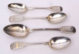 Mixed Lot: three various Fiddle pattern tea spoons, together with a Fiddle pattern dessert spoon,