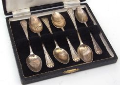 Cased set of six George V coffee spoons, Birmingham 1932, makers mark AGB, wt approx 60gms in a