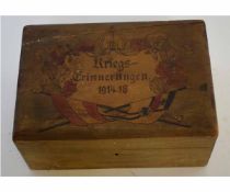 Early 20th century German poker-work decorated box of hinged rectangular form, the cover detailed