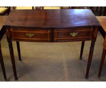 Georgian mahogany bow fronted two-drawer side table with satinwood banding and brass swan neck