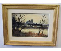Ian Houston, signed mixed media on board, "Ely in Winter", 20 x 30cms