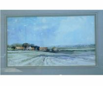 Jason Partner, signed watercolour, An open Norfolk landscape with farmstead and distant boats, 28