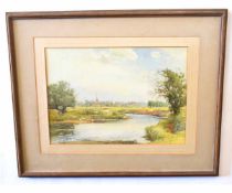 Harold Gresley, signed watercolour, River landscape with distant village and church, 27 x 37cms