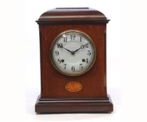 Late 19th/early 20th century American mantel clock, the case with overhanging cornice and moulded