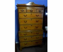 Sheraton style satinwood and inlaid chest on chest, the top with inset urn panel to pediment, with