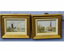 Keith W Hastings, signed pair of oils, "No 33 Berney Arms Mill" and "No 41 - Moored yacht, River