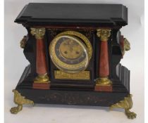 Late Victorian slate and marble mounted clock on four cast brass feet, 8-day striking movement