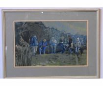 John Hackett Jones, initialled and dated '87, gouache, "Walkers resting", 23 x 28cms