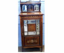 Edwardian rosewood and ivory inlaid music cabinet, the top fitted with open shelf with two insert