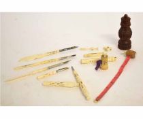 Mixed Lot: pen nibs with ivory handles and miniature tape measure inscribed Southend, the pens 18cms