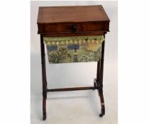 19th century mahogany single drawer work table with four turned supports on a scrolling base, raised