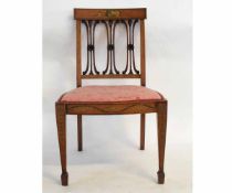 Sheraton style satinwood armchair with pierced and carved back splats with pink upholstered seat