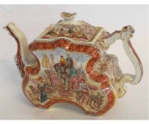 Unusual mid-19th century tea pot of stepped shape, decorated with Indian scenes of princes riding on