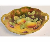 Coalport dish with gilt handles, painted with fruit by A Goodwin, 25cms long
