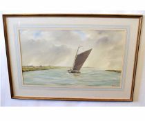 Guy Todd, signed watercolour, Wherry on the Broads, 40 x 70cms