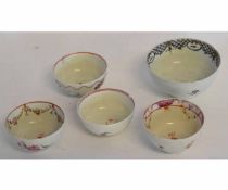 Four Lowestoft tea bowls with polychrome decoration and a sugar bowl with rare sepia and gilt