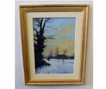 Ian Houston, signed oil on board, "Walking the Dog after Snow - Barnes Green", 35 x 24cms