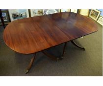 Georgian mahogany style twin pedestal D-end dining table, each with a quatrefoil reeded base and