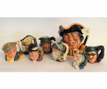 Group: Royal Doulton character jugs including a large Town Crier, seven smaller jugs including North