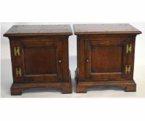 Pair of 19th century oak small proportion single door cupboards with brass button handles, raised on