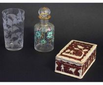 Glass tumbler with an engraved design, Michael E Leech, dated 1890, together with a perfume bottle