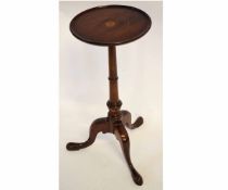 Reproduction mahogany wine table with circular top with satinwood inlay with a turned column and a