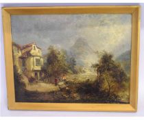 19th century oil on canvas, Figures before a house, Lakeland to distance, 36 x 60cms