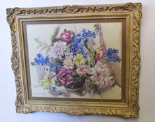 Phyllis J Hibbert, signed watercolour, Still Life study of roses and blue flowers in a bowl, 44 x