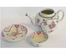 Lowestoft polychrome tea pot decorated in Curtis style together with similar tea bowl and saucer,