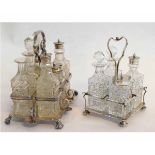 Silver plated six-bottle cruet and stand with central handle and four cut glass condiment bottles,