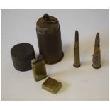 Mixed Lot: petrol lighter fashioned from a 9 1/2 in DCT shell casing marked with Government broad