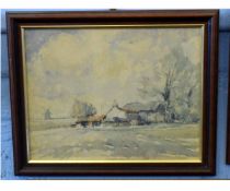 E G Wood, signed pair of pen, ink and watercolours, Norfolk landscapes with farmstead and mills,