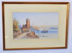 Catana, signed watercolour and gouache, Continental lake scene with figures by an old tower, 27 x