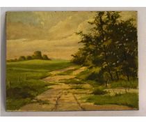 F E Thomas, signed oil/board, Two boys in a verdant landscape, 30 x 41cms, unframed