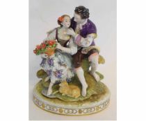 Large Continental porcelain group of lovers after Meissen, on an oval base, 23cms high