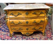 20th century French walnut bombe style chest fitted with three full width drawers with decorative