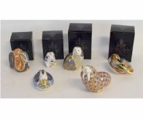 Group of six Royal Crown Derby models and paperweights including a pigeon and a bulldog, a duck