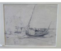 John Burgess, pencil drawing, Coastal scene with fishing boats, 22 x 28cms, mounted but unframed