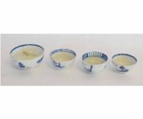 Group: three Lowestoft tea bowls and a sugar bowl, all with underglaze blue decoration, the sugar