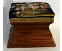 19th century walnut square formed stool with stepped detail with floral embroidered seat, 50cms