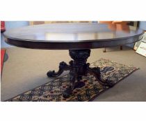 Good quality reproduction mahogany oval loo table with heavily carved floral and ribboned column