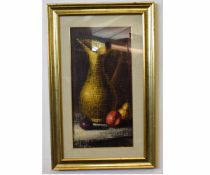 Modern British School oil/canvas, Still Life study of fruit by a gold coloured jug, 57 x 28cms
