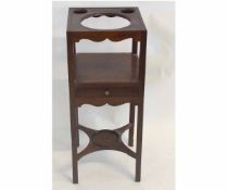 Georgian mahogany square formed three-tier wash stand fitted with single drawer with brass button