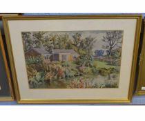 H C Guy, signed and dated '75, A bungalow by a pool, 32 x 48cms