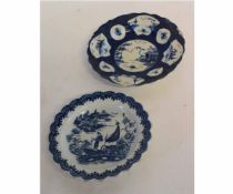Bow blue ground plate (cracked), together with a Caughley plate with the Fisherman pattern, 18cms