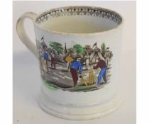 Large 19th century Staffordshire mug decorated with polychrome prints of cricketers, 13cms high