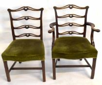 Set of eight 19th century mahogany pierced and carved ladder back dining chairs comprising six