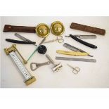 Box containing two horse brasses, cased cut-throat razor, vintage brass mounted gauge with enamel