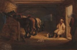 HORACE BEEVOR LOVE (1800-1838) Stable interior with figures, dogs and horses watercolour 12 x 19cms